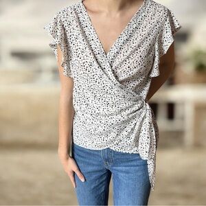 Max Studio Inkdot Print Ruffle Sleeve Faux Wrap Peplum Top Size: Small